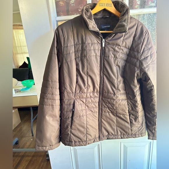 Lands' End Chocolate Fleece Jacket, with nylon shell on the outside size large - Picture 1 of 7